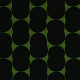 Detail of wallpaper in an abstract curvilinear pattern in gray on an olive field.