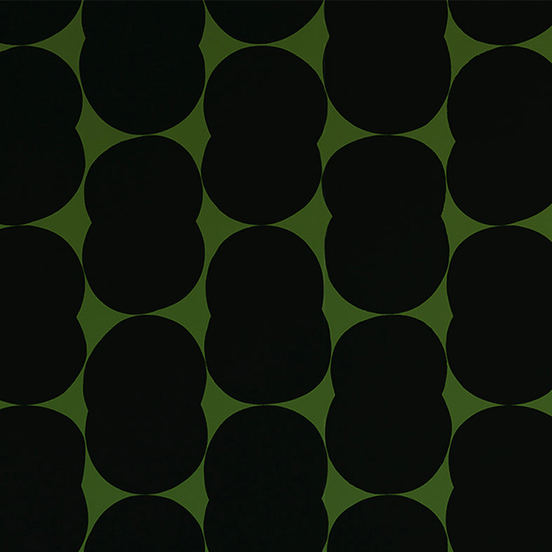 Detail of wallpaper in an abstract curvilinear pattern in gray on an olive field.