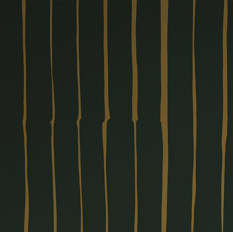 Detail of wallpaper in a playful irregular stripe print in mustard on a black field.