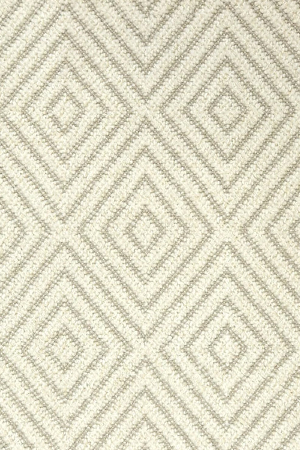 Broadloom carpet with dimensional diamond pattern in cream with beige. 