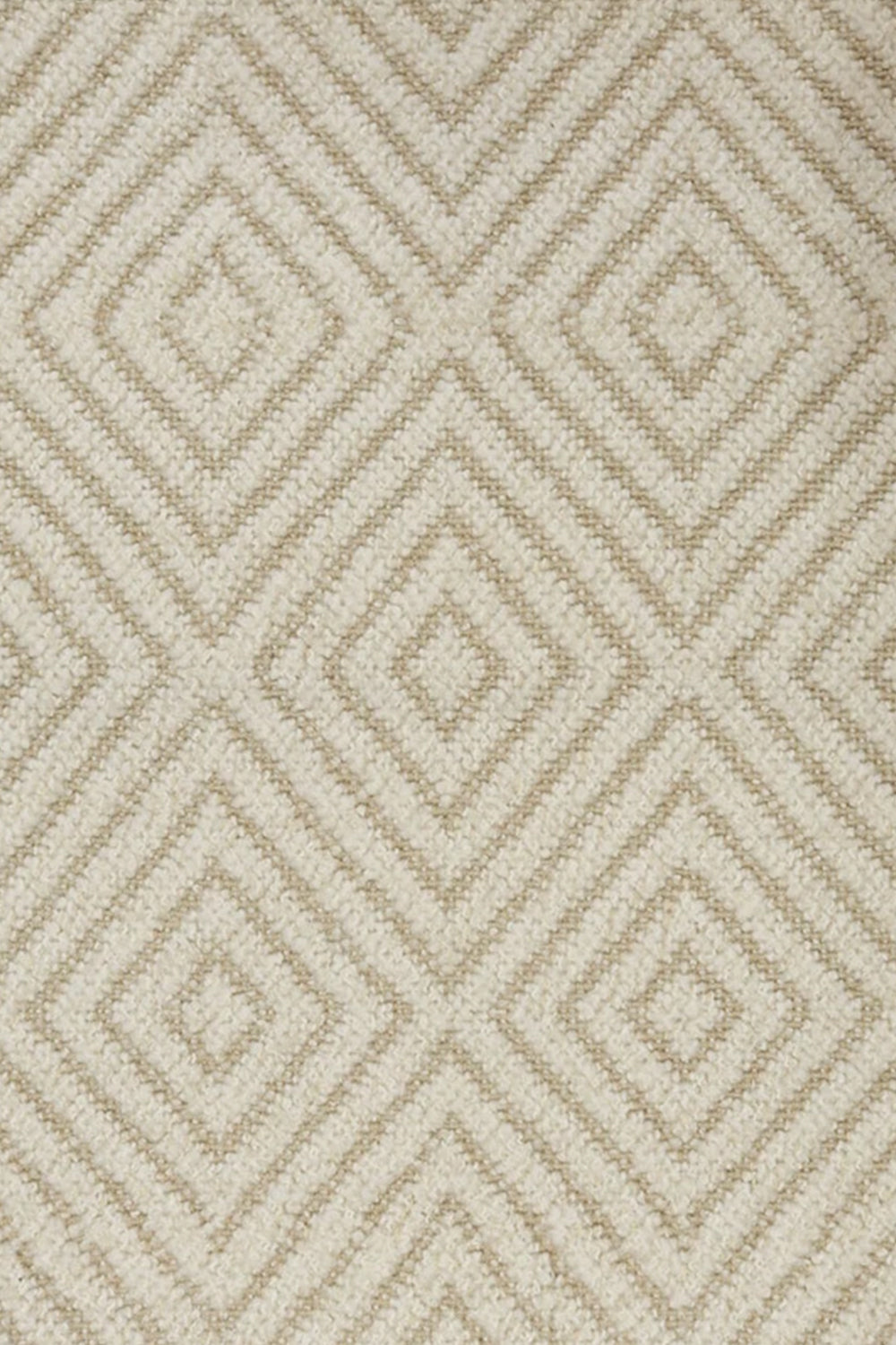 Broadloom carpet with dimensional diamond pattern in cream with tan. 