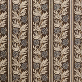 Woven performance fabric in a botanical branch and stripe design in chocolate brown, tan beige and accents of blue. 