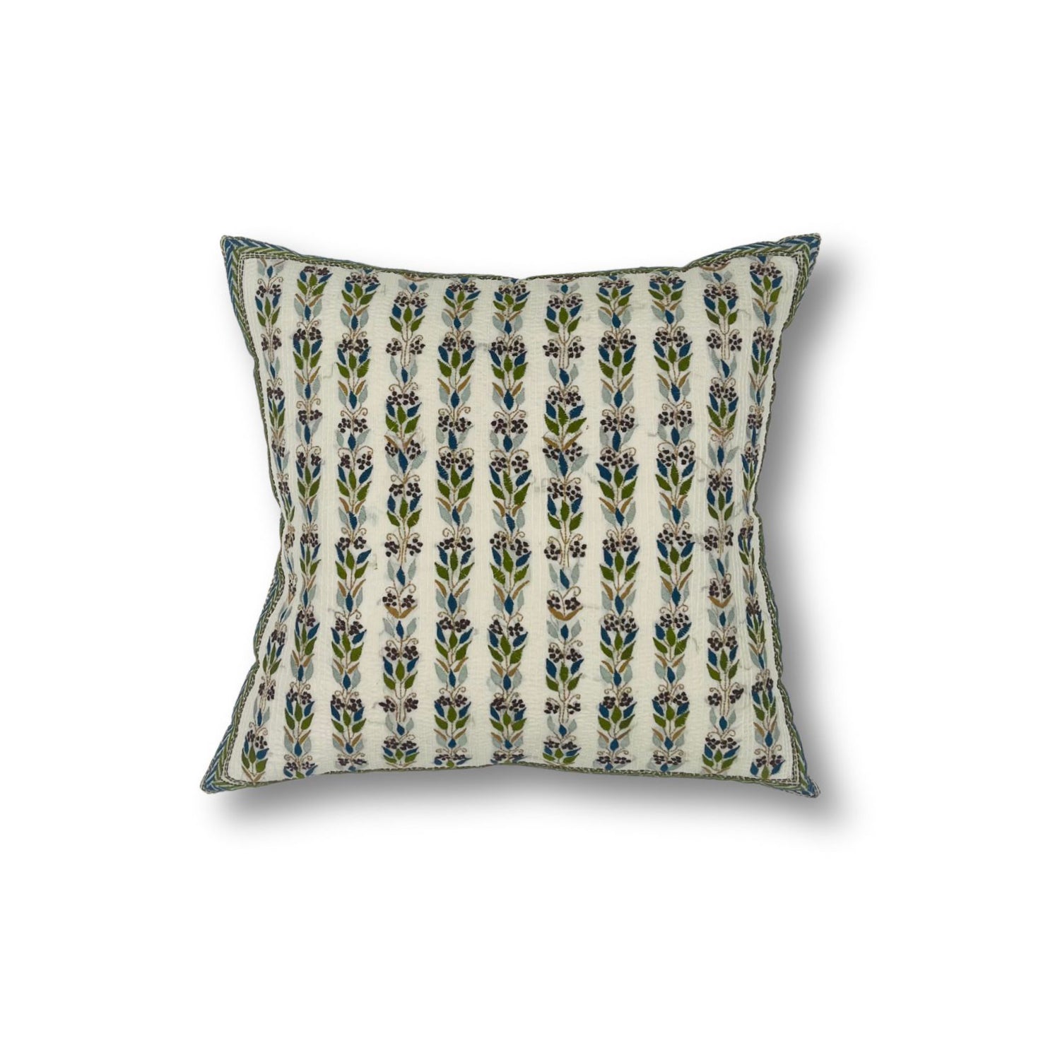Throw pillow with printed and embroidered floral stripe design in blue and green with purple accents on a white field. 