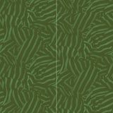 Wallpaper panels in a playful broken stripe print in dark green on a green field.