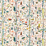 Detail of fabric in a playful plant, animal and insect print in a rainbow of shades on a cream field.