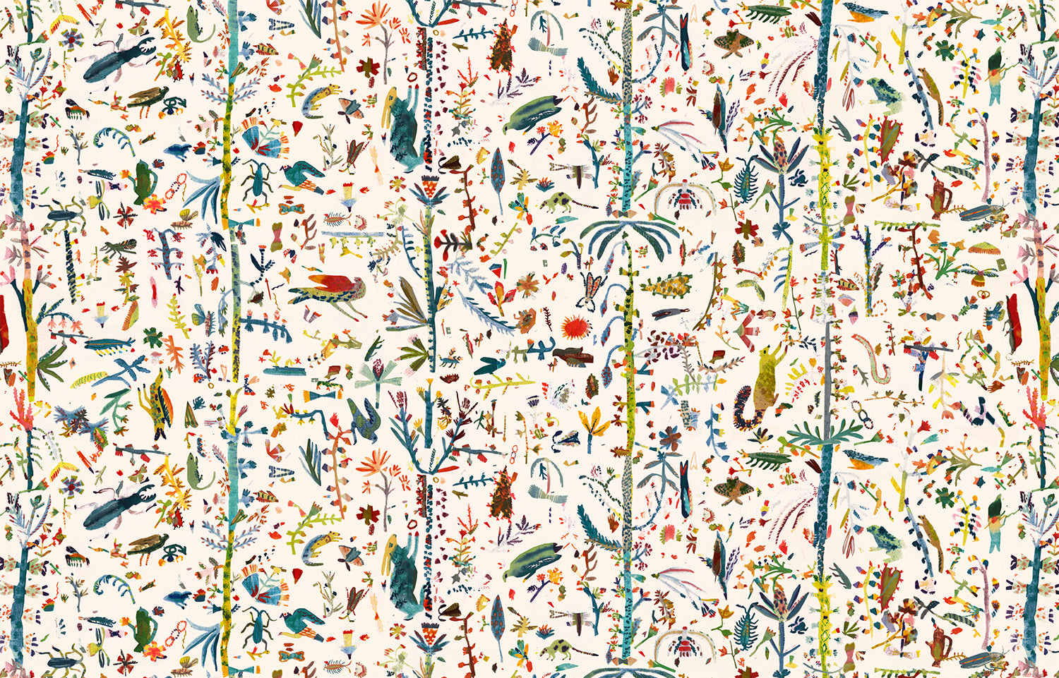 Detail of fabric in a playful plant, animal and insect print in a rainbow of shades on a cream field.