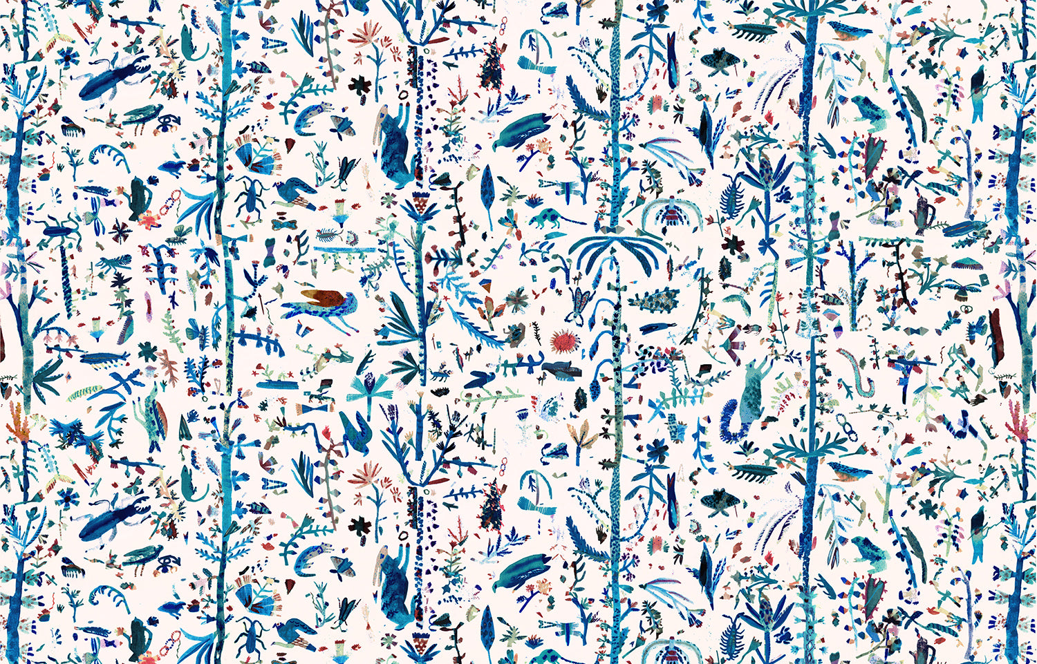 Detail of fabric in a playful plant, animal and insect print in shades of blue and green on a cream field.
