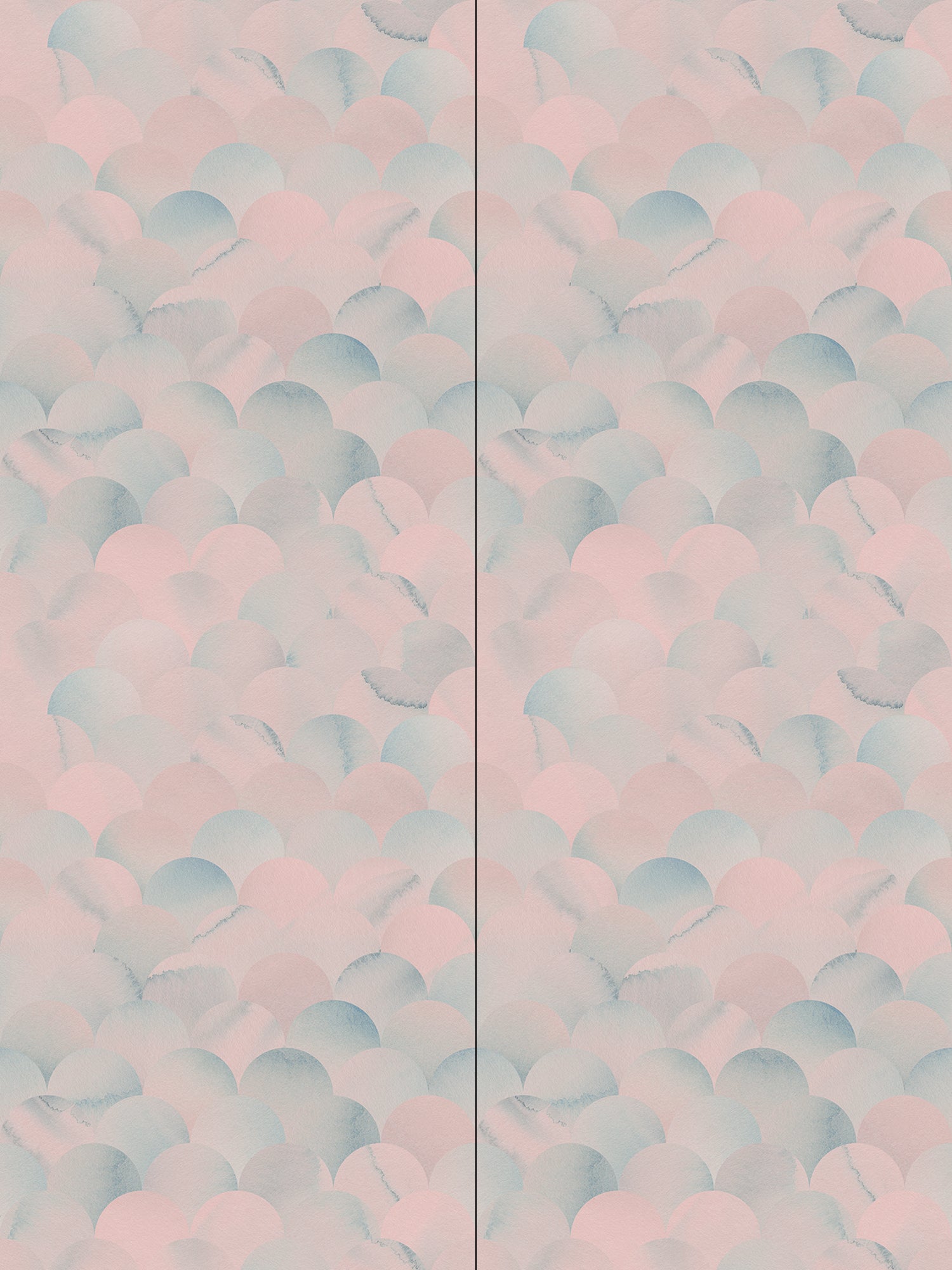 Wallpaper panels in a repeating scalloped print in shades of blue and pink.