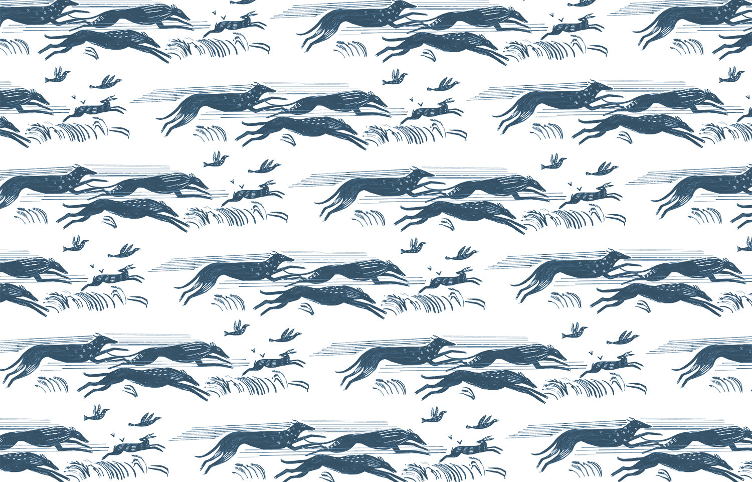 Detail of fabric in a running whippet print in navy on a white field.