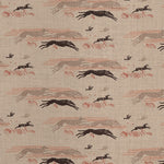 Detail of fabric in a running whippet print in shades of brown, red and gray on a tan field.