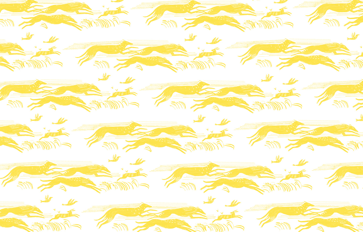 Detail of wallpaper in a running whippet print in yellow on a white field.