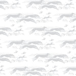 Detail of wallpaper in a running whippet print in gray on a white field.