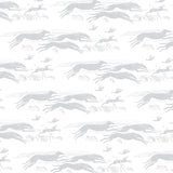 Detail of wallpaper in a running whippet print in gray on a white field.