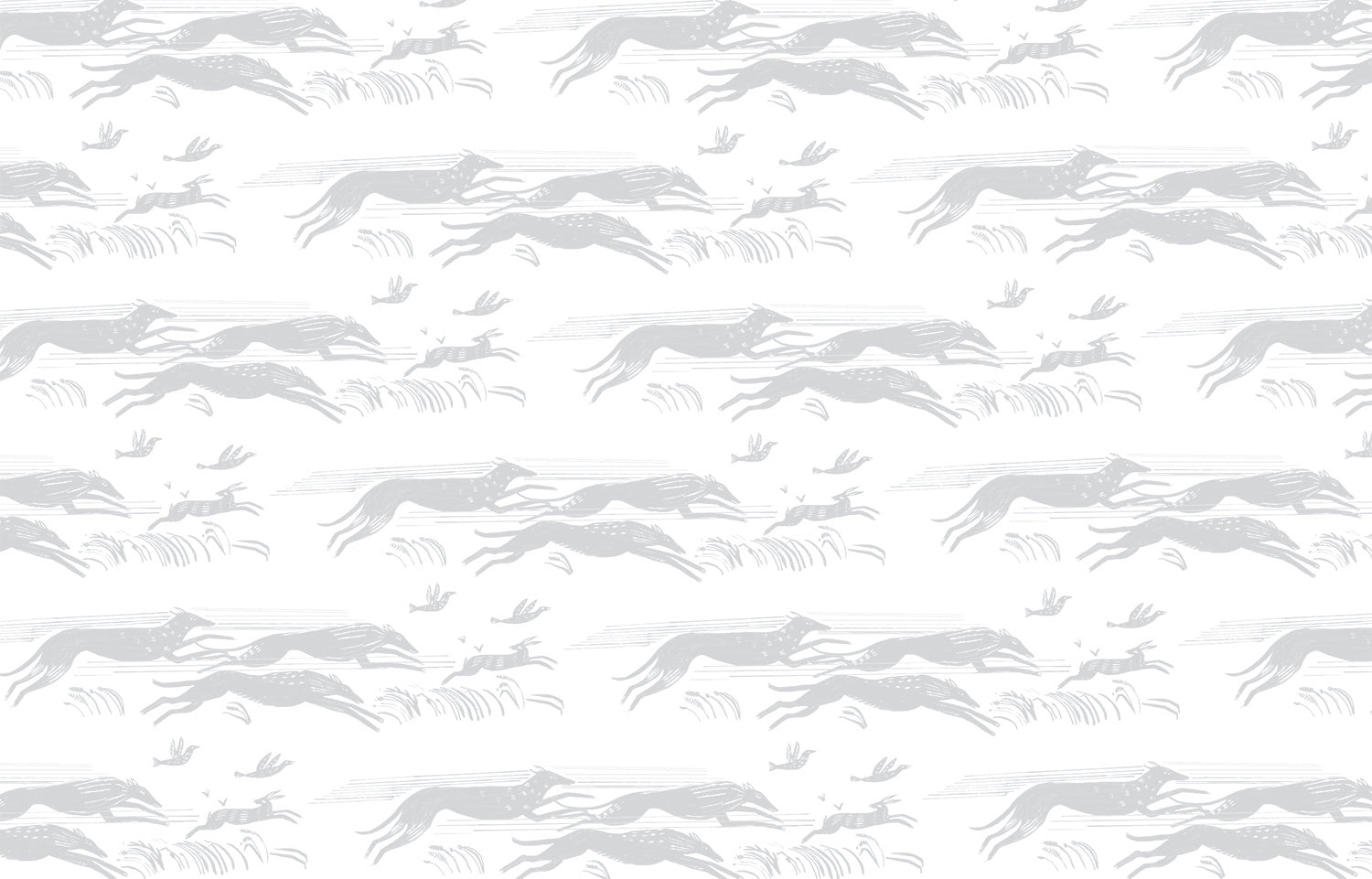 Detail of wallpaper in a running whippet print in gray on a white field.