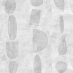 Detail of wallpaper in an abstract curvilinear pattern in shades of cream and gray.