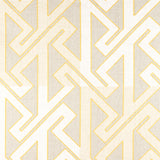 Detail of fabric in a contemporary lattice print in cream and yellow on a greige field.