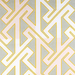 Detail of fabric in a contemporary lattice print in pink, cream and yellow on a gray field.