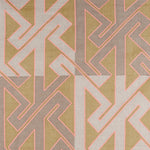 Detail of fabric in a contemporary lattice print in pink and gray on a mustard field.