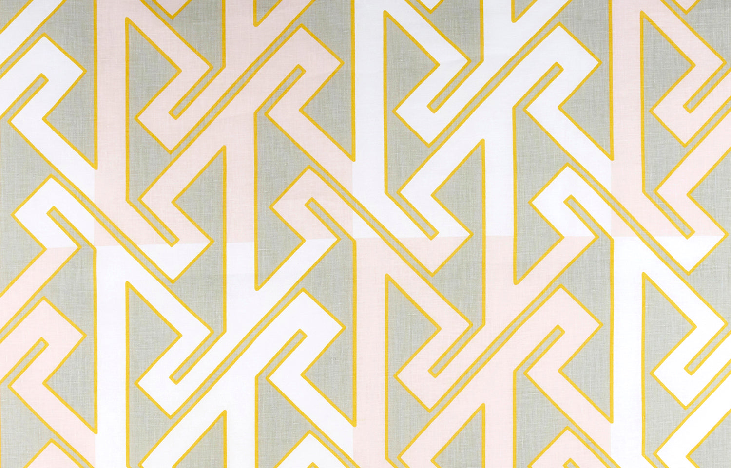 Detail of wallpaper in a contemporary lattice print in pink, cream and yellow on a gray field.