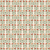 Wallpaper in a linear floral print in red, orange and green on a cream field.