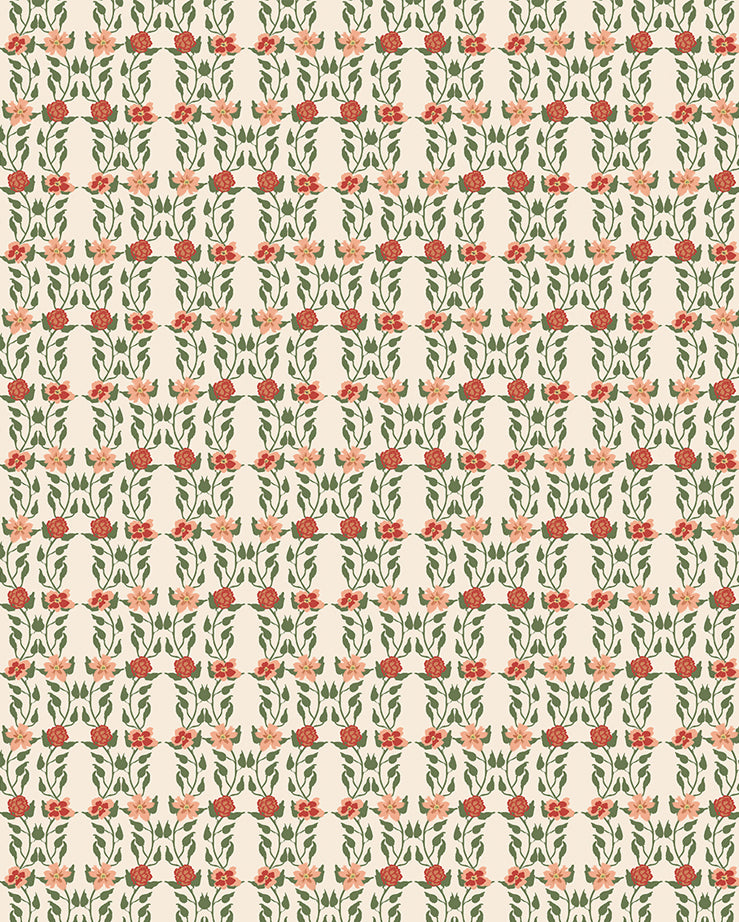 Wallpaper in a linear floral print in red, orange and green on a cream field.