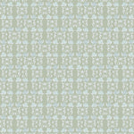 Detail of wallpaper in a linear floral print in blue and white on a green field.