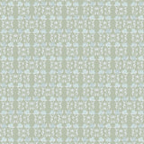 Detail of wallpaper in a linear floral print in blue and white on a green field.