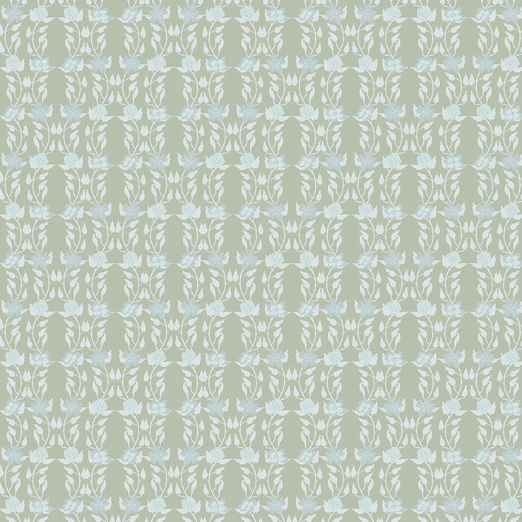Detail of wallpaper in a linear floral print in blue and white on a green field.