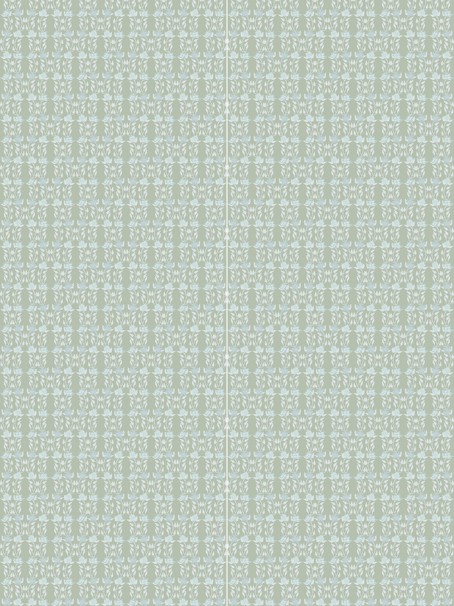 Panels of wallpaper in a linear floral print in blue and white on a green field.