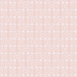 Wallpaper in a linear floral print in white and cream on a light pink field.