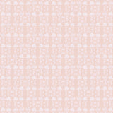 Wallpaper in a linear floral print in white and cream on a light pink field.