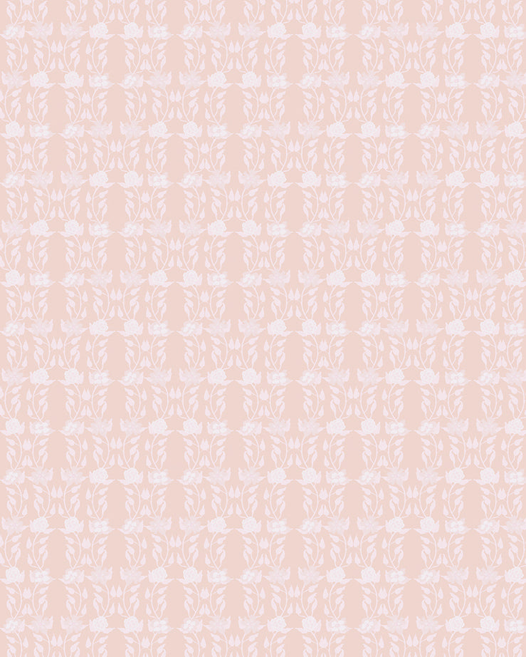 Wallpaper in a linear floral print in white and cream on a light pink field.