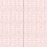 Panels of wallpaper in a linear floral print in white and cream on a light pink field.