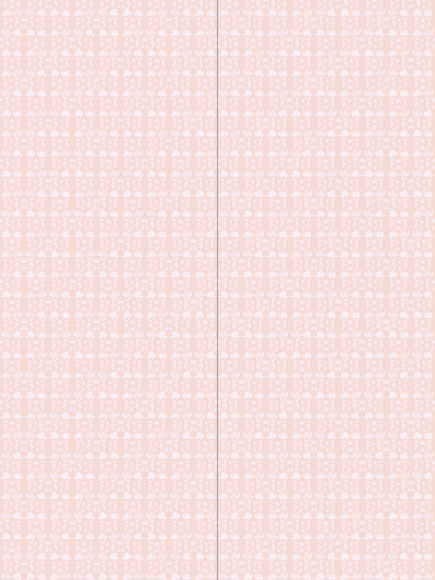 Panels of wallpaper in a linear floral print in white and cream on a light pink field.