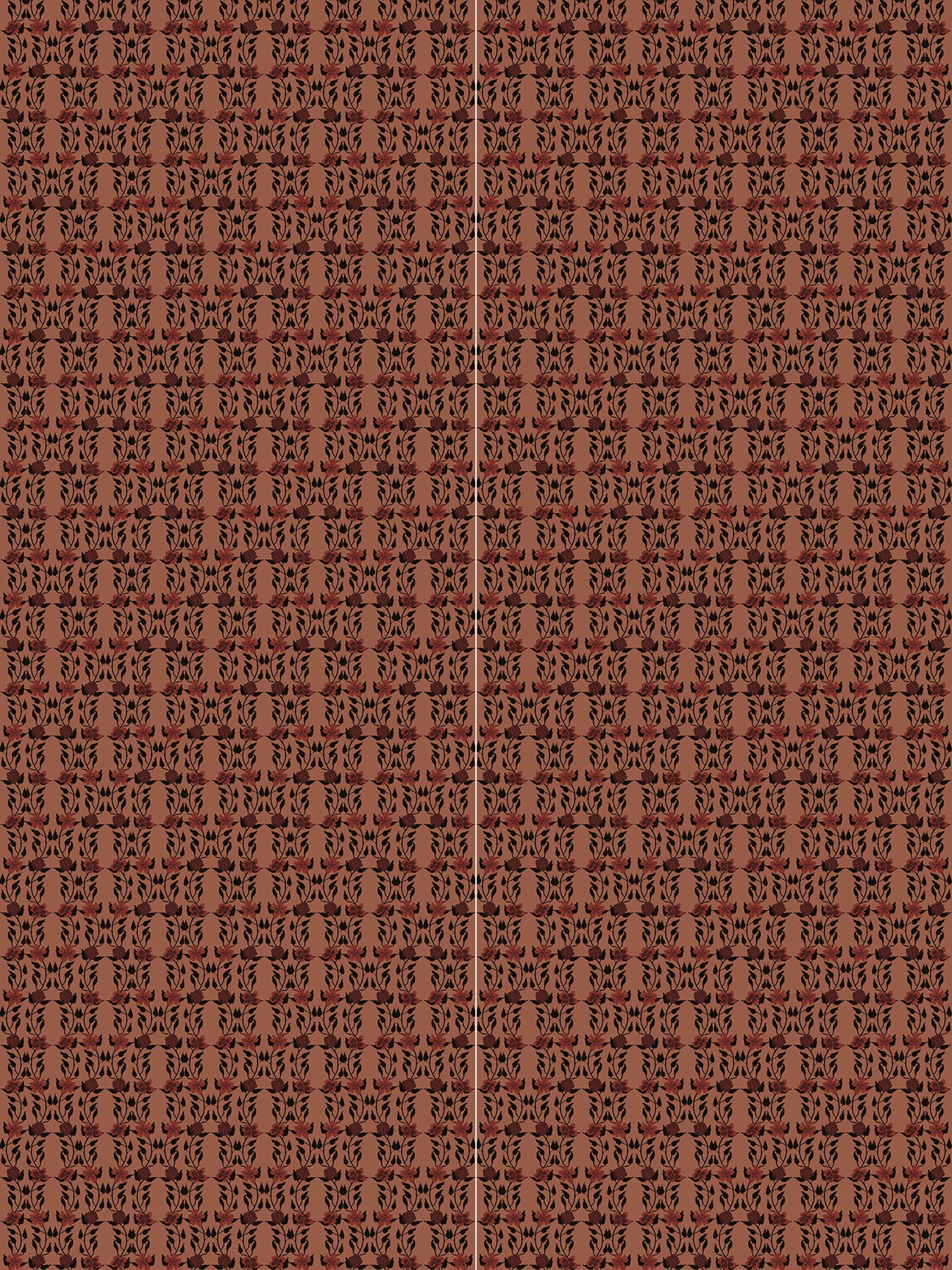 Panels of wallpaper in a linear floral print in red and black on an orange field.