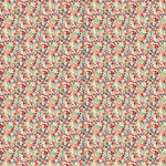 Wallpaper panels in a dense small-scale floral print in shades of coral, red, green and blue on a white field.