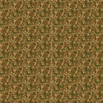 Wallpaper panels in a dense small-scale floral print in shades of brown and tan on a green field.