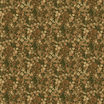 Wallpaper in a dense small-scale floral print in shades of brown and tan on a green field.