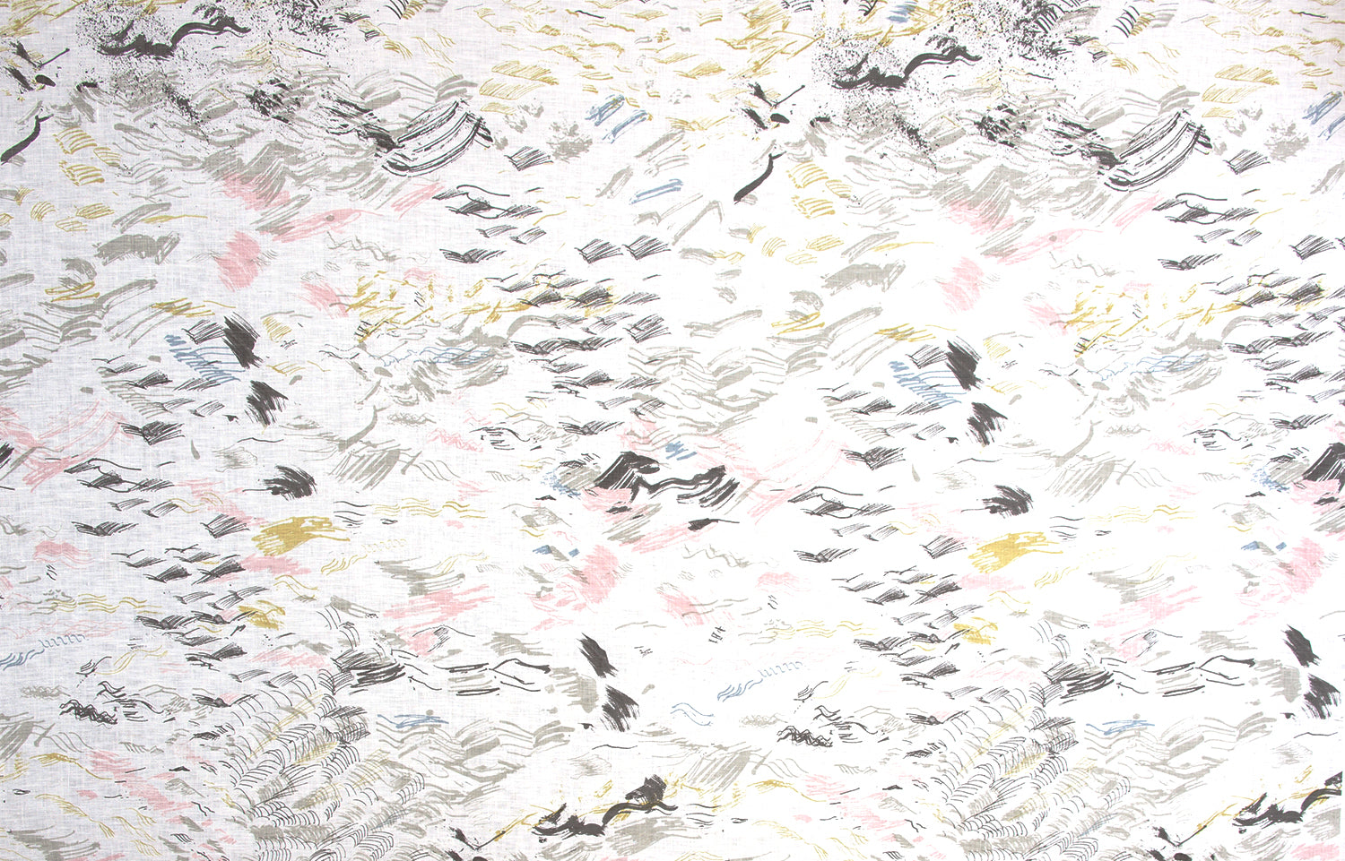 Detail of fabric in a painterly seaside print in gray and pastels on a white field.