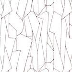 Detail of fabric in an abstract lattice print in purple on a white field.