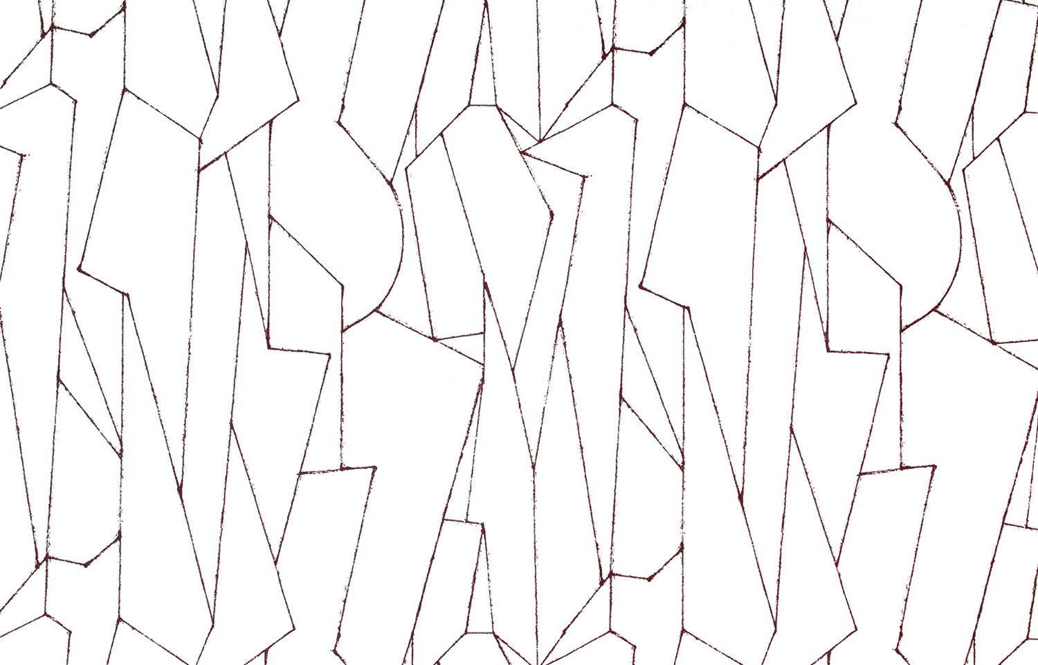 Detail of fabric in an abstract lattice print in purple on a white field.