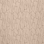 Detail of fabric in a small-scale abstract lattice print in purple on a tan field.