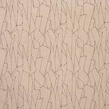 Detail of fabric in a small-scale abstract lattice print in purple on a tan field.