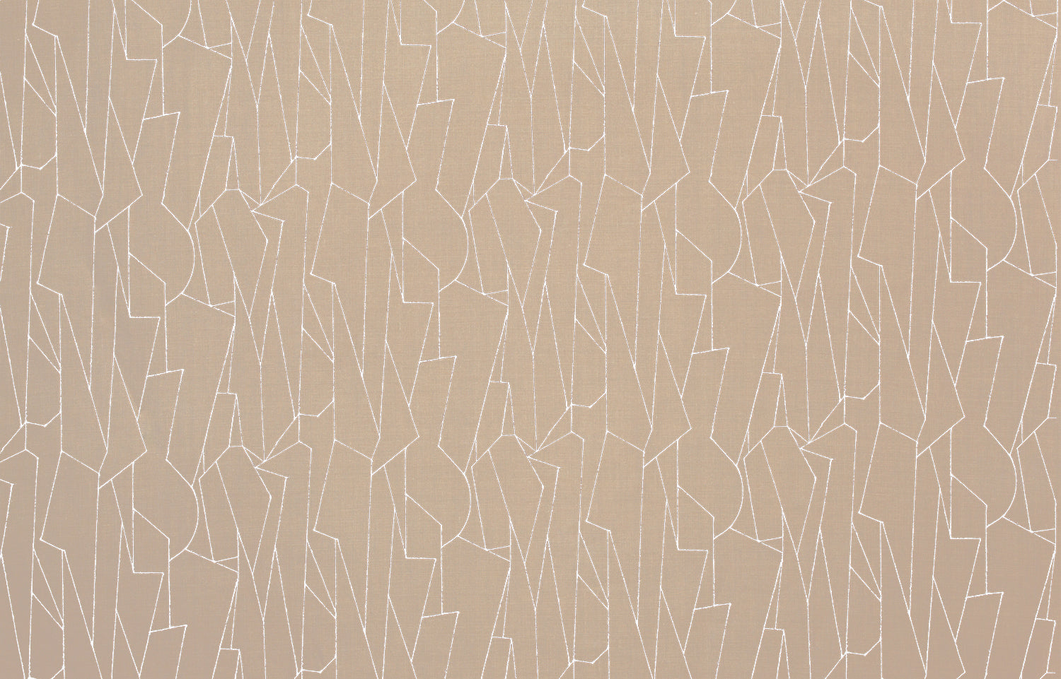 Detail of fabric in a small-scale abstract lattice print in white on a tan field.