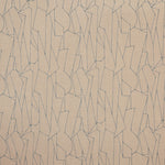 Detail of fabric in a small-scale abstract lattice print in blue on a tan field.