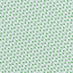 Detail of wallpaper in a dense geometric print in green, blue-gray and cream.