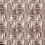 Detail of fabric in a dense geometric print in brown on a cream field.