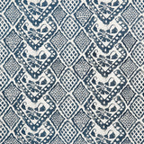 Detail of fabric in a lacey diamond print in white on a navy field.