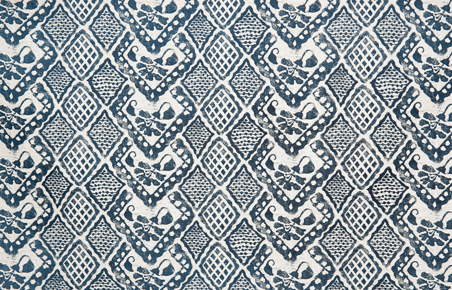 Detail of fabric in a lacey diamond print in white on a navy field.