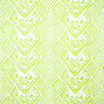 Detail of fabric in a lacey diamond print in white on a yellow field.